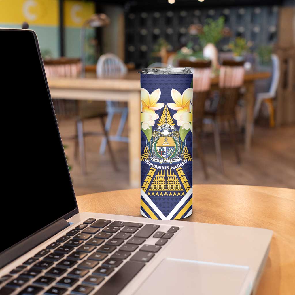 Personalised Nauru Independence Day Skinny Tumbler Coat Of Arms With Plumeria LT05 - Polynesian Pride