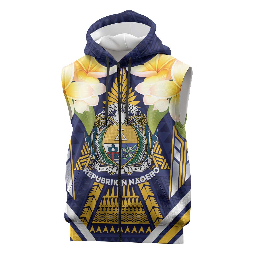 Personalised Nauru Independence Day Sleeveless Zip Hoodie Coat Of Arms With Plumeria LT05 Navy - Polynesian Pride