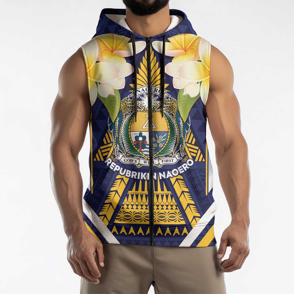 Personalised Nauru Independence Day Sleeveless Zip Hoodie Coat Of Arms With Plumeria LT05 - Polynesian Pride