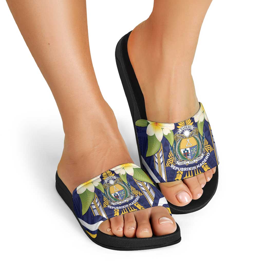 Nauru Independence Day Slide Sandals Coat Of Arms With Plumeria - Polynesian Pride