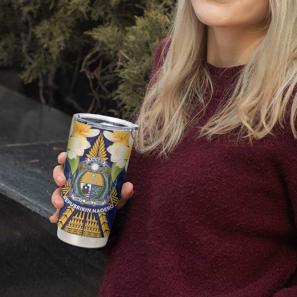 Personalised Nauru Independence Day Tumbler Cup Coat Of Arms With Plumeria - Polynesian Pride