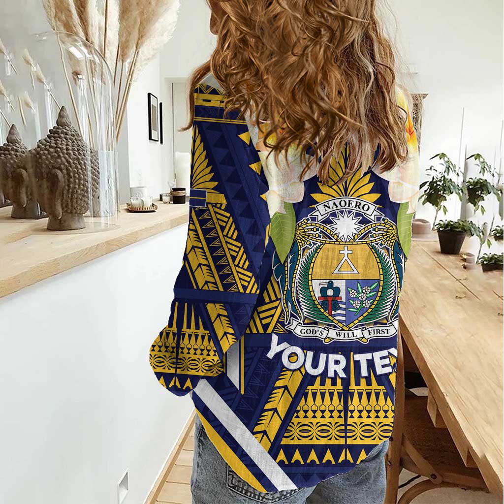Personalised Nauru Independence Day Women Casual Shirt Coat Of Arms With Plumeria - Polynesian Pride