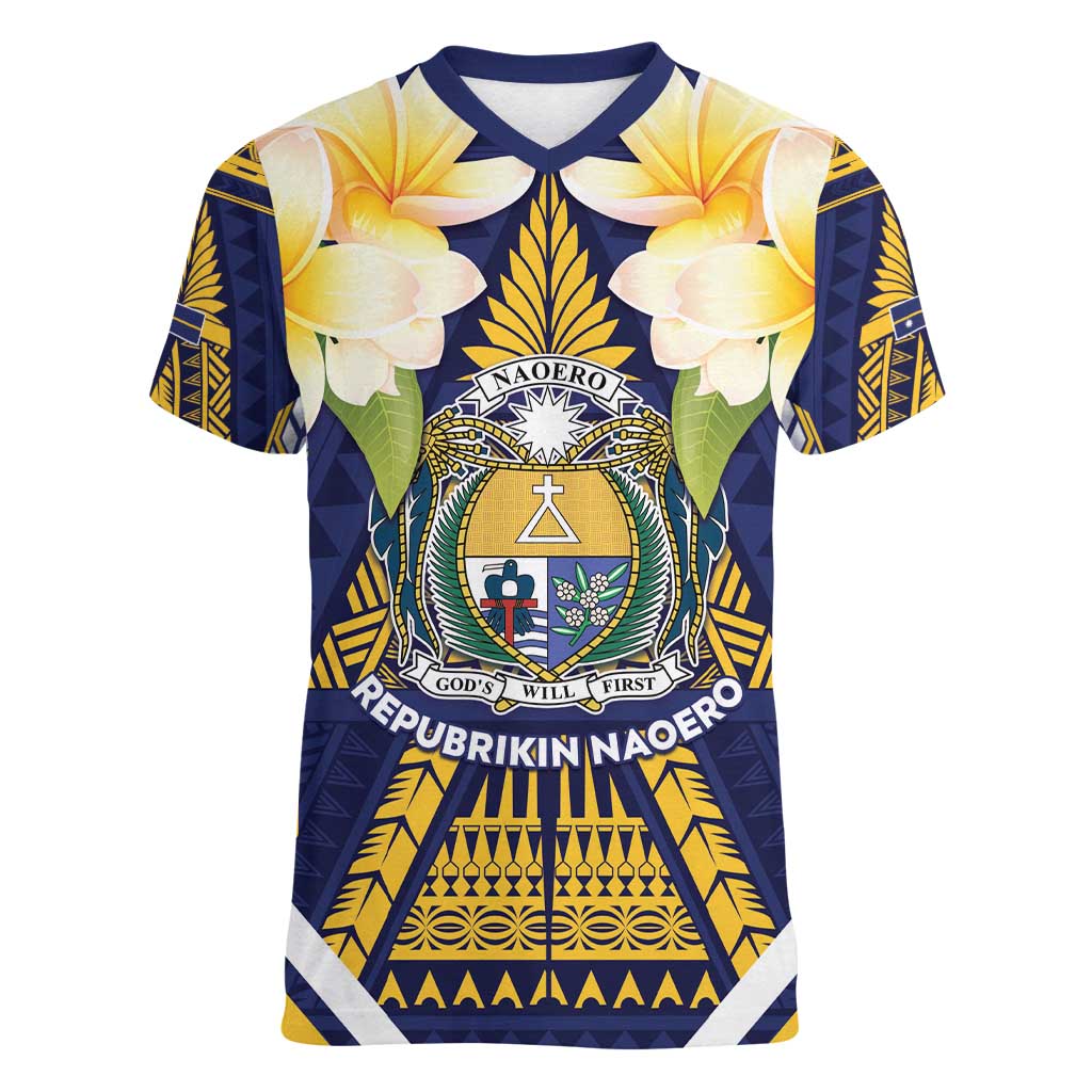 Personalised Nauru Independence Day Women V-Neck T-Shirt Coat Of Arms With Plumeria - Polynesian Pride