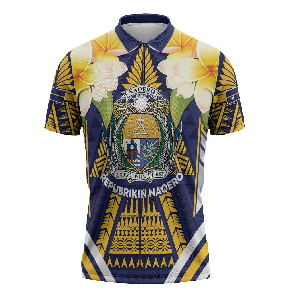 Personalised Nauru Independence Day Zipper Polo Shirt Coat Of Arms With Plumeria LT05 Navy - Polynesian Pride