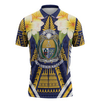 Personalised Nauru Independence Day Zipper Polo Shirt Coat Of Arms With Plumeria LT05 Navy - Polynesian Pride
