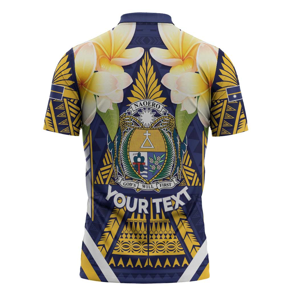 Personalised Nauru Independence Day Zipper Polo Shirt Coat Of Arms With Plumeria LT05 - Polynesian Pride
