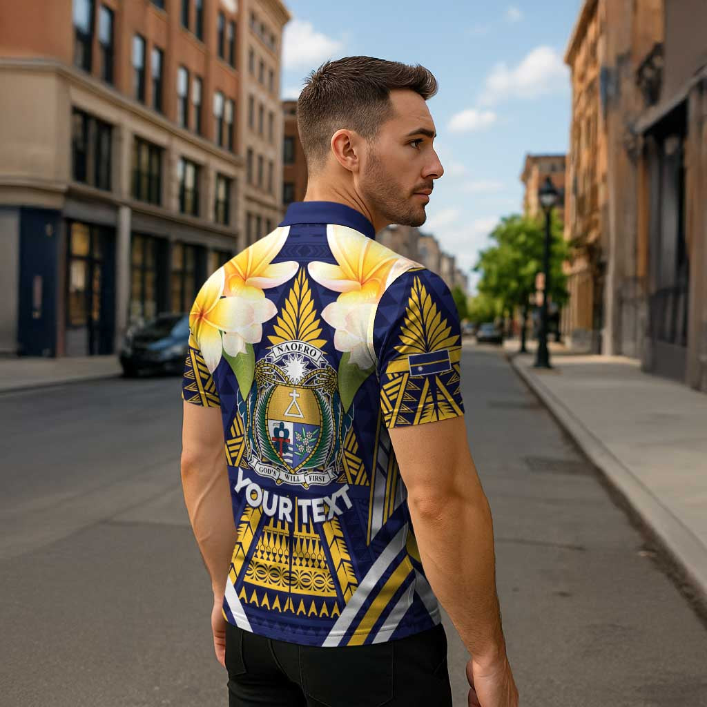 Personalised Nauru Independence Day Zipper Polo Shirt Coat Of Arms With Plumeria LT05 - Polynesian Pride