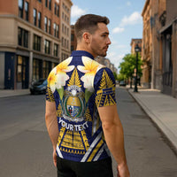 Personalised Nauru Independence Day Zipper Polo Shirt Coat Of Arms With Plumeria LT05 - Polynesian Pride