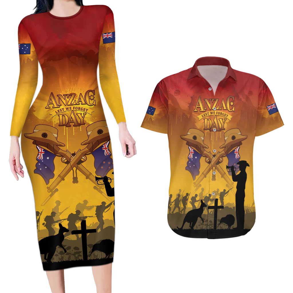 ANZAC Day Couples Matching Long Sleeve Bodycon Dress and Hawaiian Shirt Australia And New Zealand Slouch Hats LT05 Yellow - Polynesian Pride