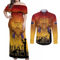 ANZAC Day Couples Matching Off Shoulder Maxi Dress and Long Sleeve Button Shirt Australia And New Zealand Slouch Hats LT05 Yellow - Polynesian Pride