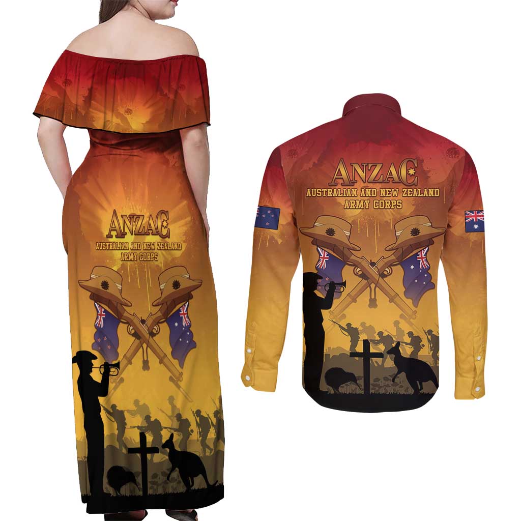 ANZAC Day Couples Matching Off Shoulder Maxi Dress and Long Sleeve Button Shirt Australia And New Zealand Slouch Hats LT05 - Polynesian Pride