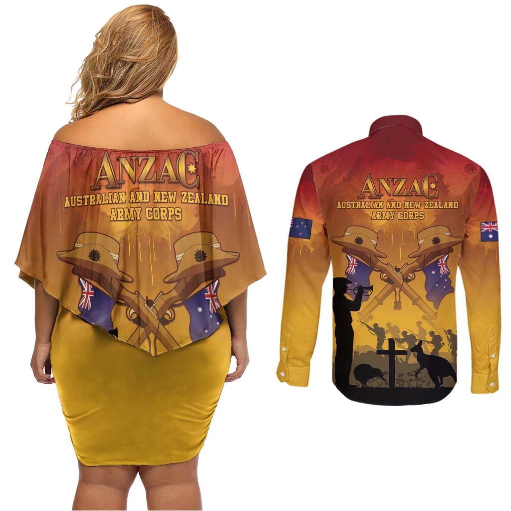 ANZAC Day Couples Matching Off Shoulder Short Dress and Long Sleeve Button Shirt Australia And New Zealand Slouch Hats LT05 - Polynesian Pride