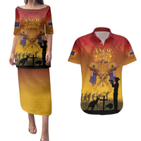ANZAC Day Couples Matching Puletasi and Hawaiian Shirt Australia And New Zealand Slouch Hats LT05 Yellow - Polynesian Pride