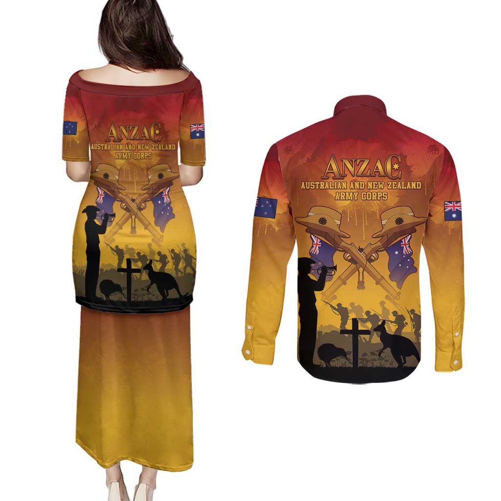 ANZAC Day Couples Matching Puletasi and Long Sleeve Button Shirt Australia And New Zealand Slouch Hats LT05 - Polynesian Pride