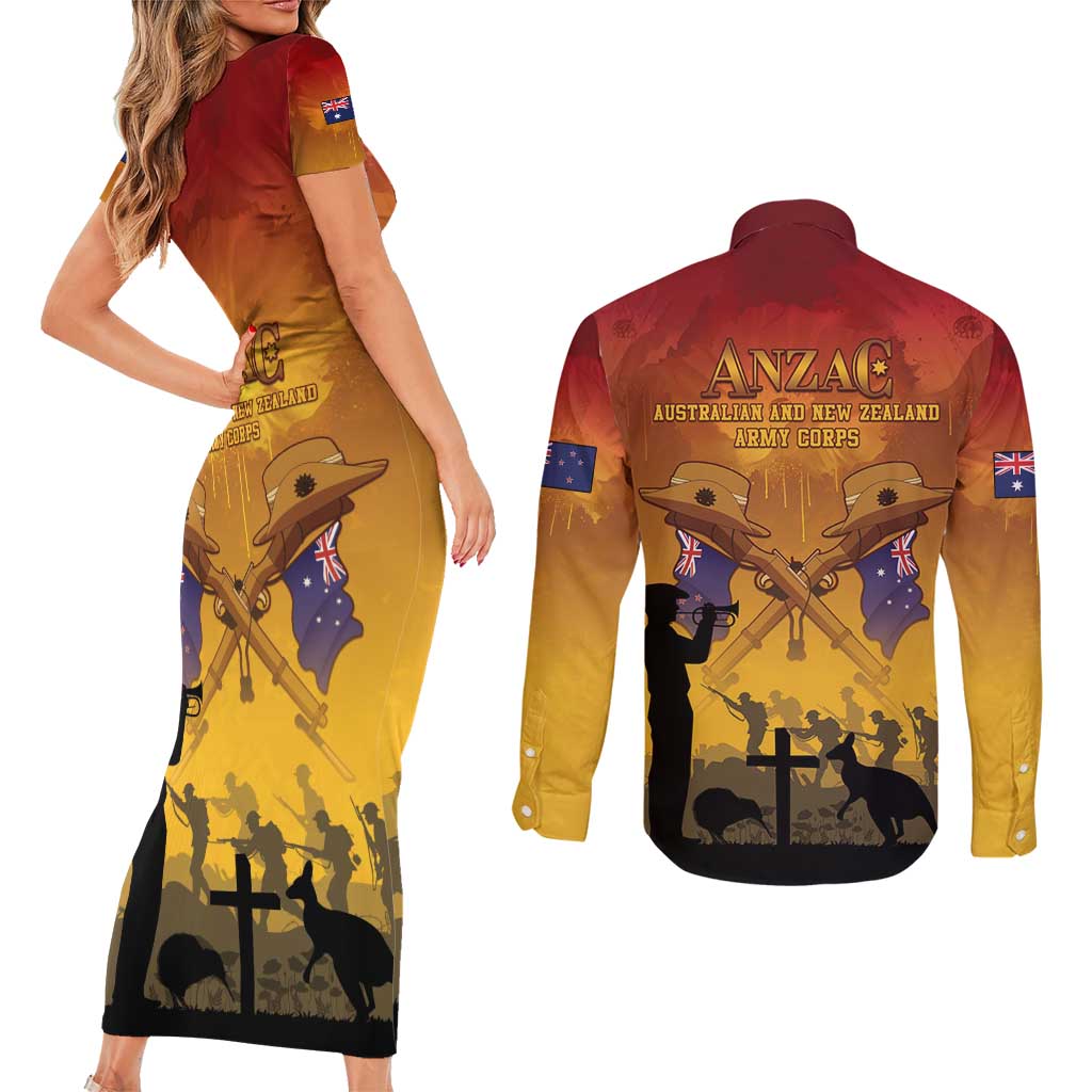 ANZAC Day Couples Matching Short Sleeve Bodycon Dress and Long Sleeve Button Shirt Australia And New Zealand Slouch Hats LT05 - Polynesian Pride
