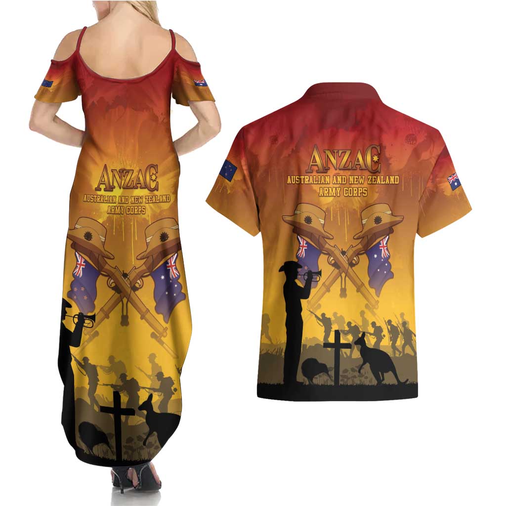 ANZAC Day Couples Matching Summer Maxi Dress and Hawaiian Shirt Australia And New Zealand Slouch Hats LT05 - Polynesian Pride