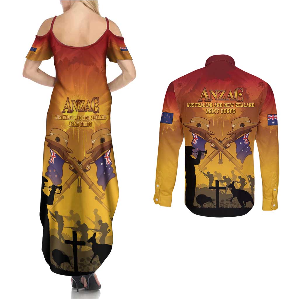 ANZAC Day Couples Matching Summer Maxi Dress and Long Sleeve Button Shirt Australia And New Zealand Slouch Hats LT05 - Polynesian Pride