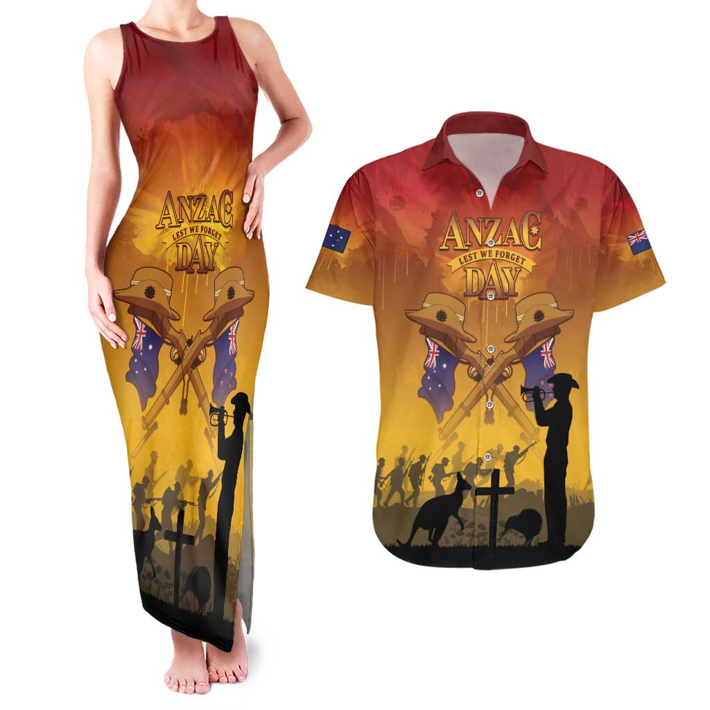 ANZAC Day Couples Matching Tank Maxi Dress and Hawaiian Shirt Australia And New Zealand Slouch Hats LT05 Yellow - Polynesian Pride