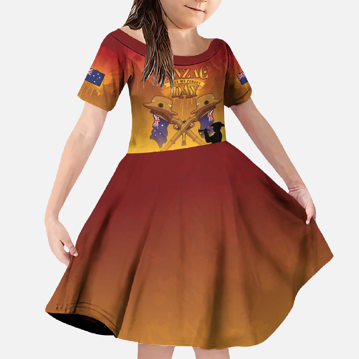 ANZAC Day Family Matching Off The Shoulder Long Sleeve Dress and Hawaiian Shirt Australia And New Zealand Slouch Hats LT05 Daughter's Dress Yellow - Polynesian Pride