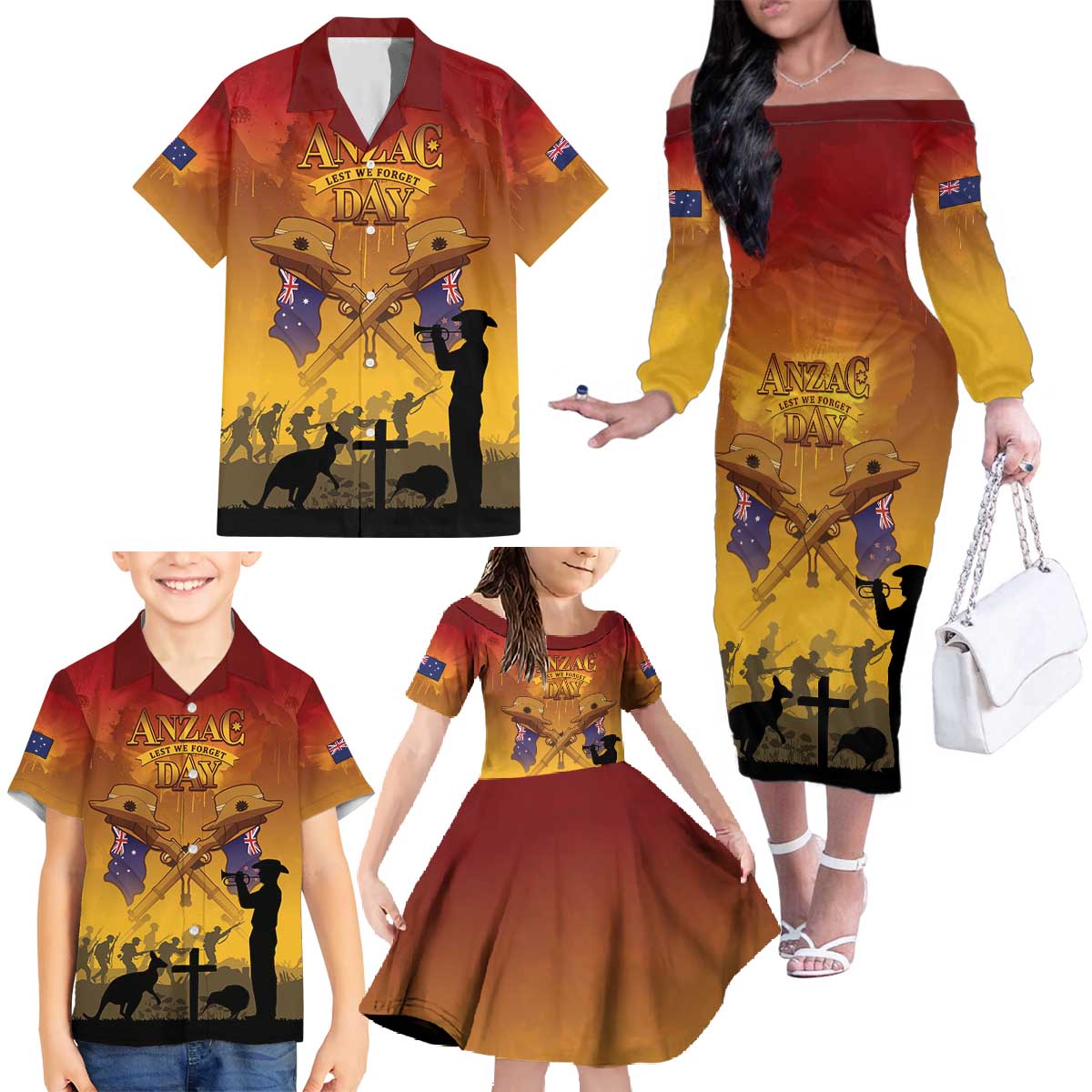 ANZAC Day Family Matching Off The Shoulder Long Sleeve Dress and Hawaiian Shirt Australia And New Zealand Slouch Hats LT05 - Polynesian Pride