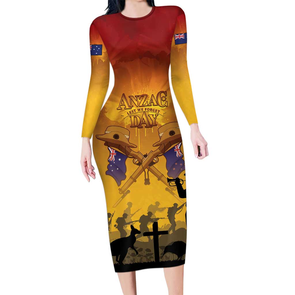 ANZAC Day Long Sleeve Bodycon Dress Australia And New Zealand Slouch Hats LT05 Long Dress Yellow - Polynesian Pride