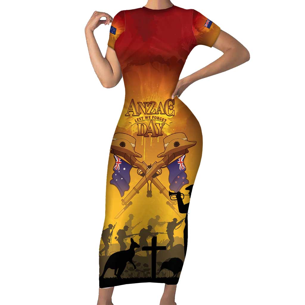 ANZAC Day Short Sleeve Bodycon Dress Australia And New Zealand Slouch Hats LT05 Long Dress Yellow - Polynesian Pride