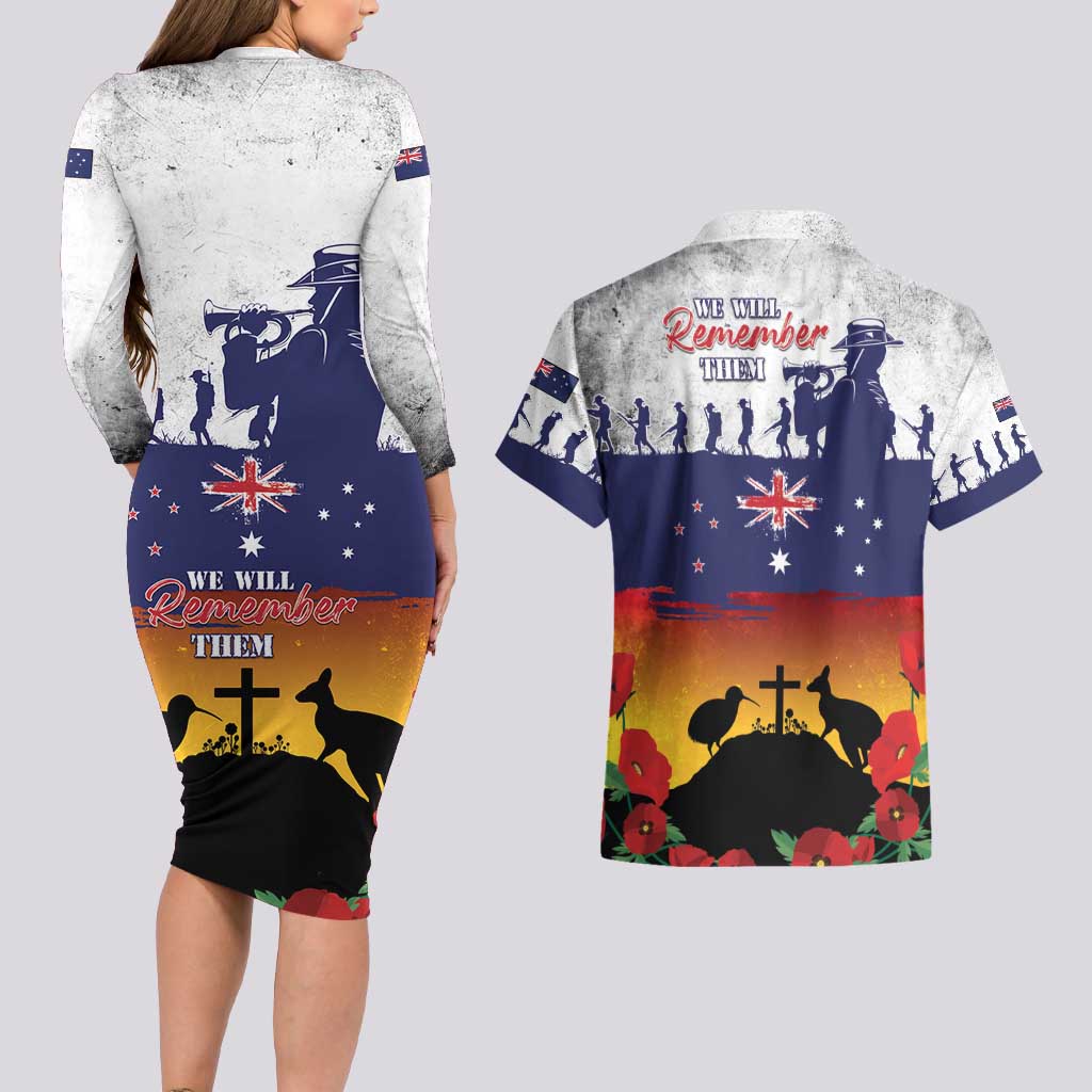 New Zealand And Australia ANZAC Last Post Couples Matching Long Sleeve Bodycon Dress and Hawaiian Shirt LT05 - Polynesian Pride