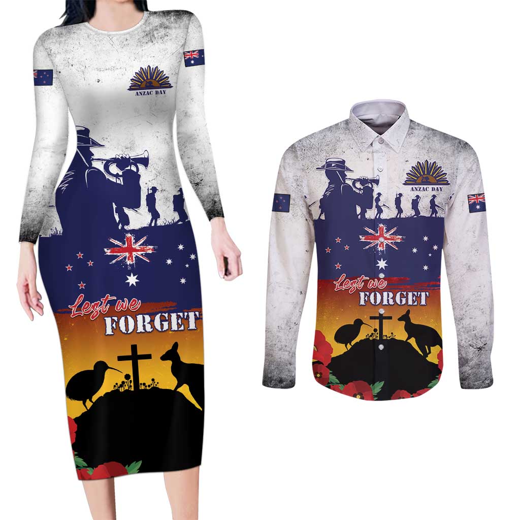 New Zealand And Australia ANZAC Last Post Couples Matching Long Sleeve Bodycon Dress and Long Sleeve Button Shirt LT05 Blue - Polynesian Pride