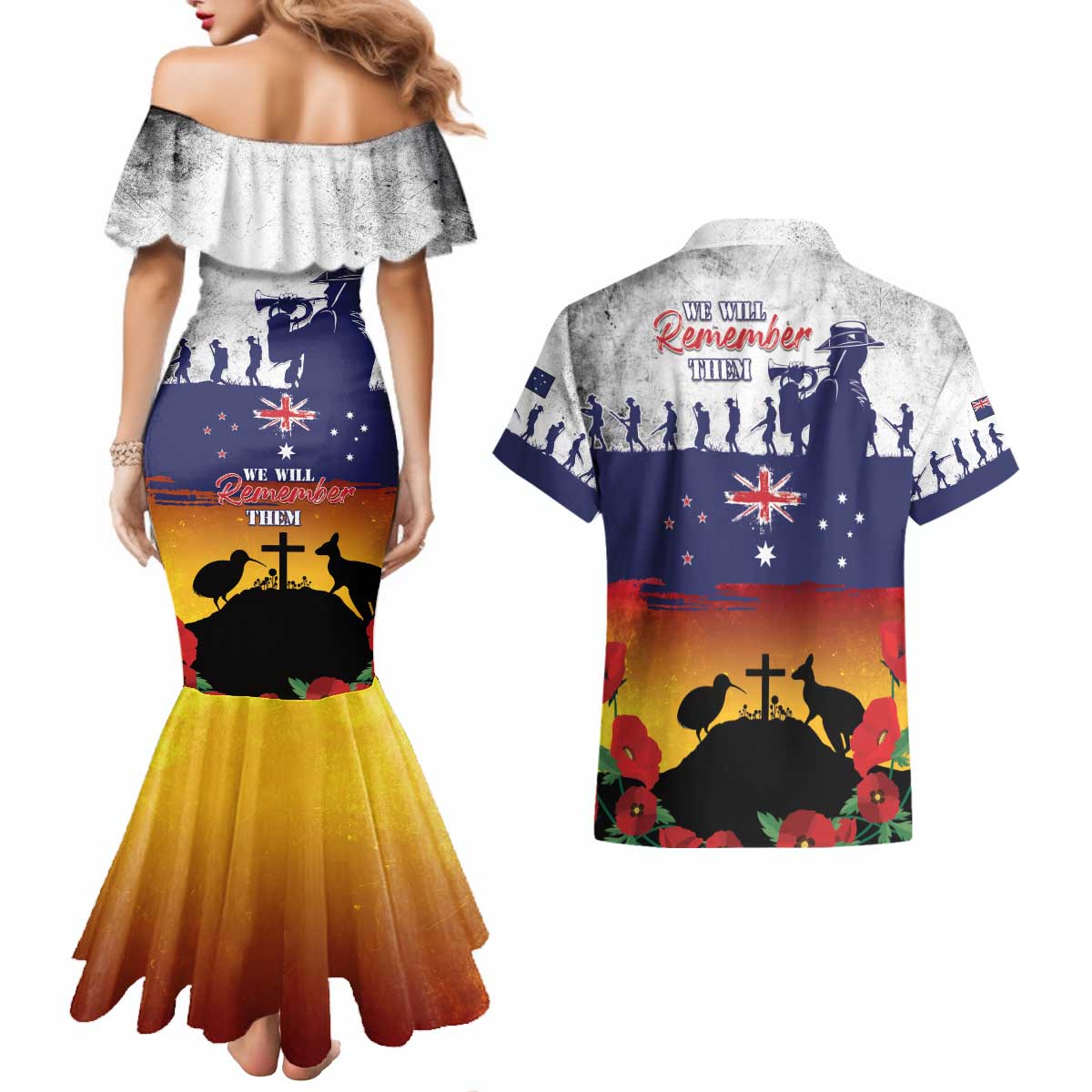 New Zealand And Australia ANZAC Last Post Couples Matching Mermaid Dress and Hawaiian Shirt LT05 - Polynesian Pride