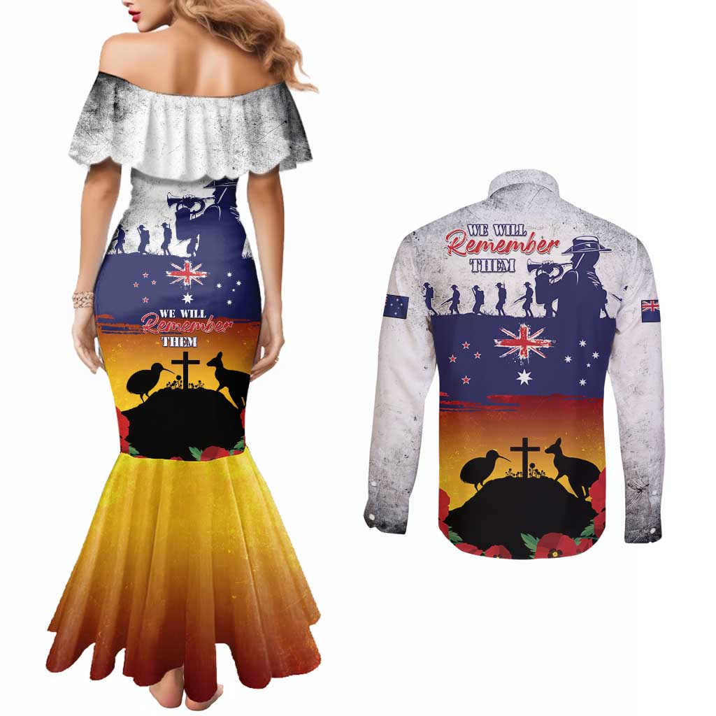 New Zealand And Australia ANZAC Last Post Couples Matching Mermaid Dress and Long Sleeve Button Shirt LT05 - Polynesian Pride