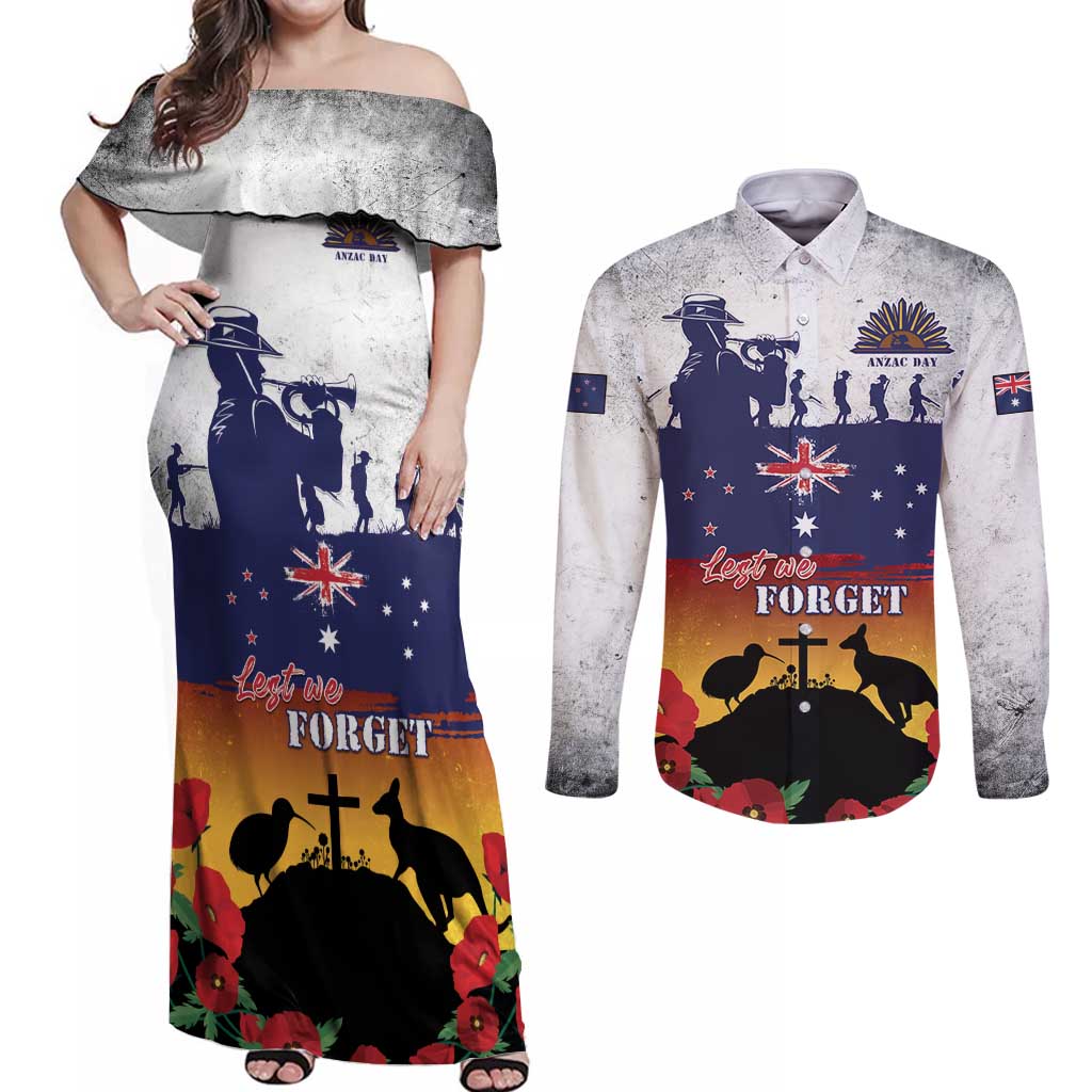 New Zealand And Australia ANZAC Last Post Couples Matching Off Shoulder Maxi Dress and Long Sleeve Button Shirt LT05 Blue - Polynesian Pride