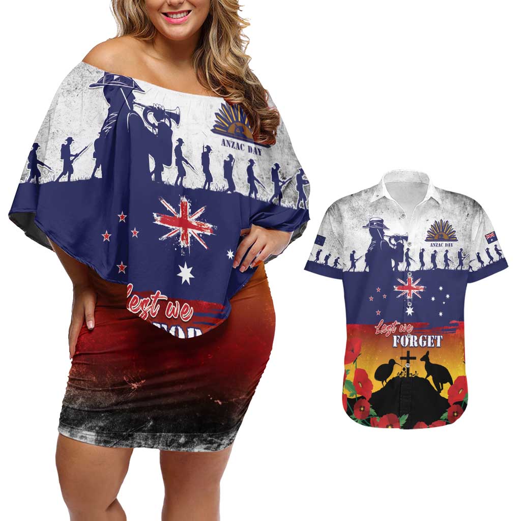 New Zealand And Australia ANZAC Last Post Couples Matching Off Shoulder Short Dress and Hawaiian Shirt LT05 Blue - Polynesian Pride
