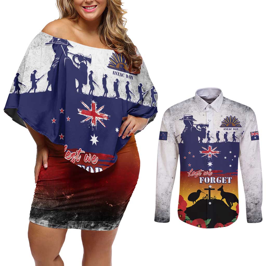 New Zealand And Australia ANZAC Last Post Couples Matching Off Shoulder Short Dress and Long Sleeve Button Shirt LT05 Blue - Polynesian Pride