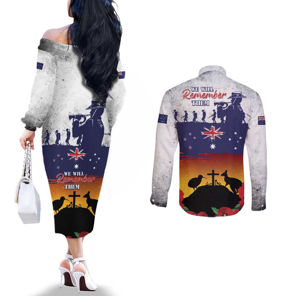 New Zealand And Australia ANZAC Last Post Couples Matching Off The Shoulder Long Sleeve Dress and Long Sleeve Button Shirt LT05 - Polynesian Pride