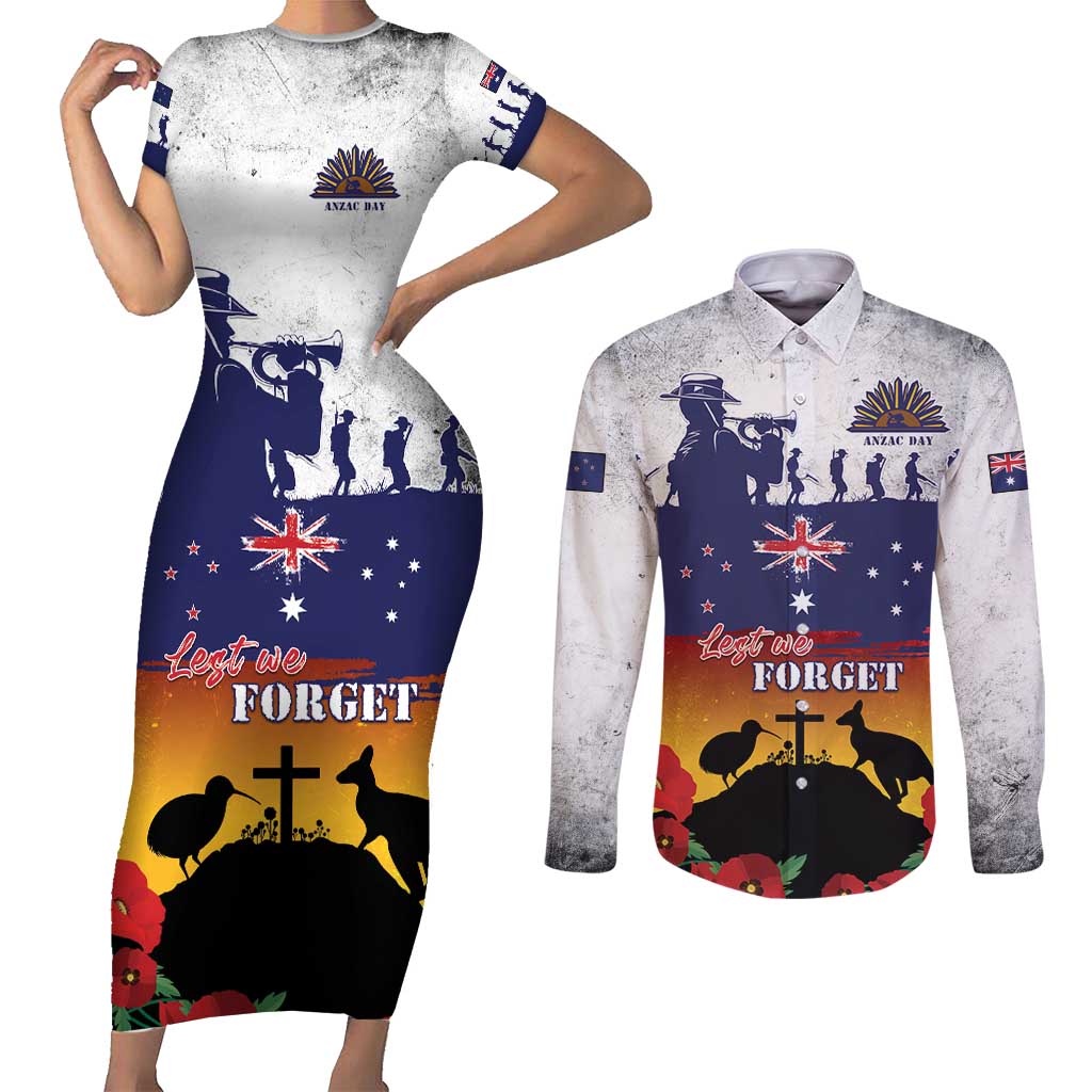 New Zealand And Australia ANZAC Last Post Couples Matching Short Sleeve Bodycon Dress and Long Sleeve Button Shirt LT05 Blue - Polynesian Pride