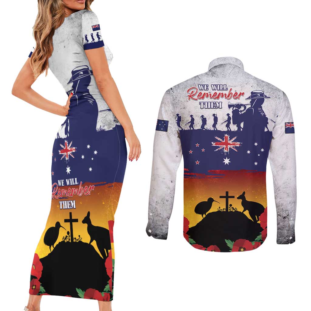 New Zealand And Australia ANZAC Last Post Couples Matching Short Sleeve Bodycon Dress and Long Sleeve Button Shirt LT05 - Polynesian Pride