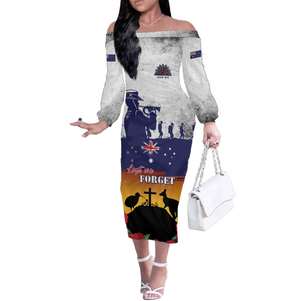 New Zealand And Australia ANZAC Last Post Family Matching Off The Shoulder Long Sleeve Dress and Hawaiian Shirt LT05 Mom's Dress Blue - Polynesian Pride