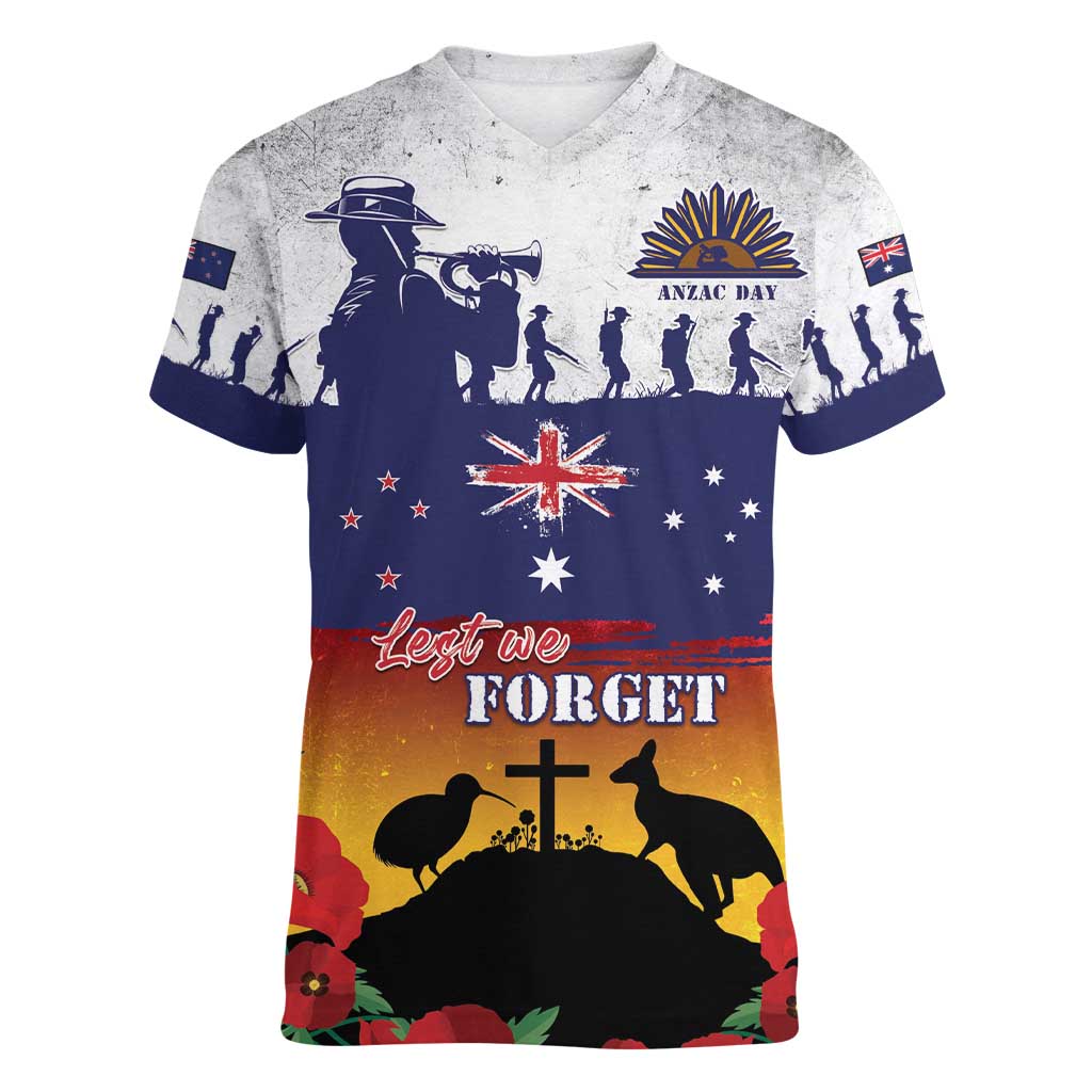New Zealand And Australia ANZAC Last Post Women V-Neck T-Shirt LT05 Female Blue - Polynesian Pride