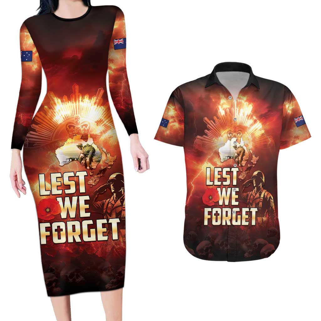Honouring The ANZAC Spirit Couples Matching Long Sleeve Bodycon Dress and Hawaiian Shirt Gallipoli Lest We Forget LT05 Red - Polynesian Pride
