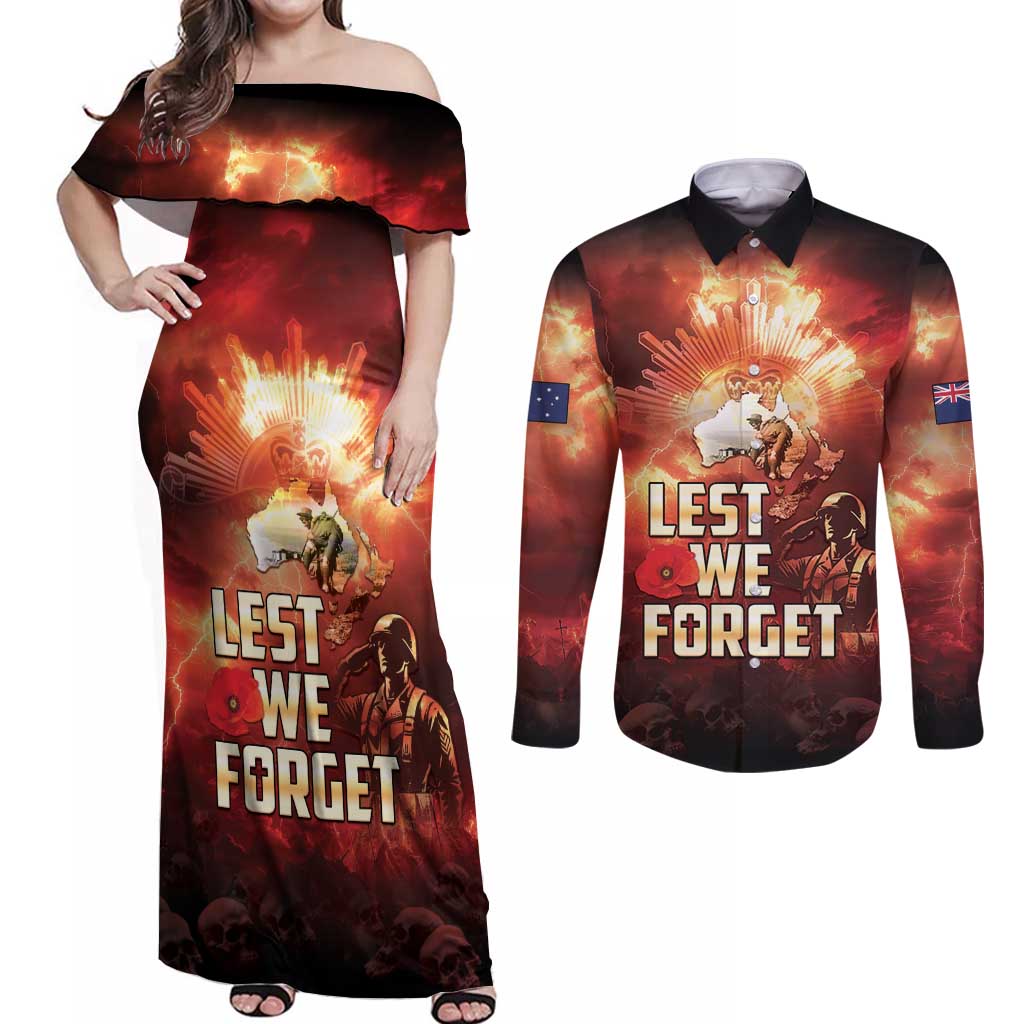 Honouring The ANZAC Spirit Couples Matching Off Shoulder Maxi Dress and Long Sleeve Button Shirt Gallipoli Lest We Forget LT05 Red - Polynesian Pride