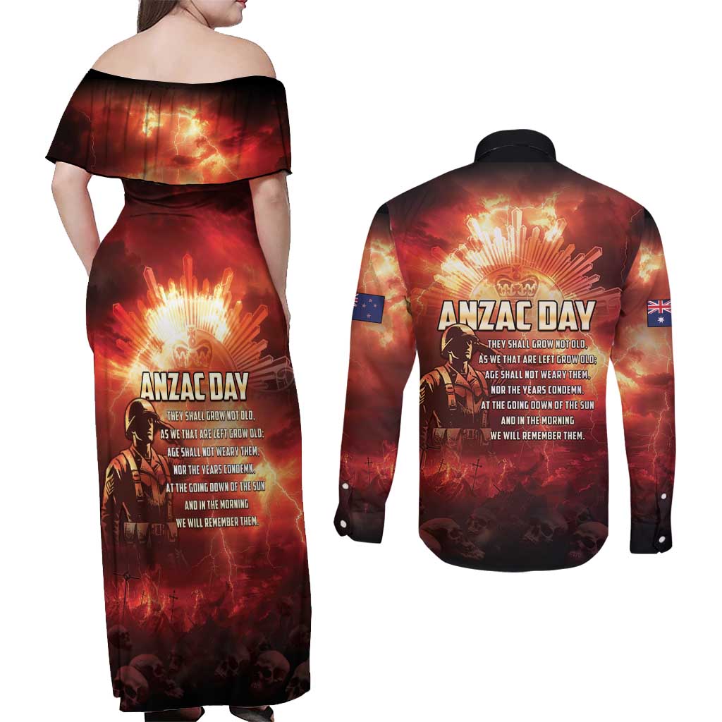 Honouring The ANZAC Spirit Couples Matching Off Shoulder Maxi Dress and Long Sleeve Button Shirt Gallipoli Lest We Forget LT05 - Polynesian Pride
