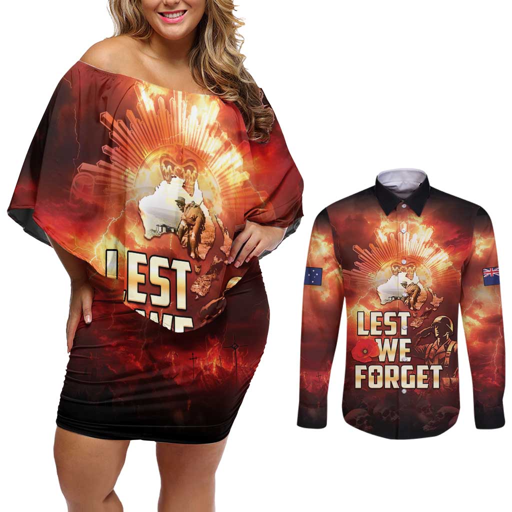 Honouring The ANZAC Spirit Couples Matching Off Shoulder Short Dress and Long Sleeve Button Shirt Gallipoli Lest We Forget LT05 Red - Polynesian Pride