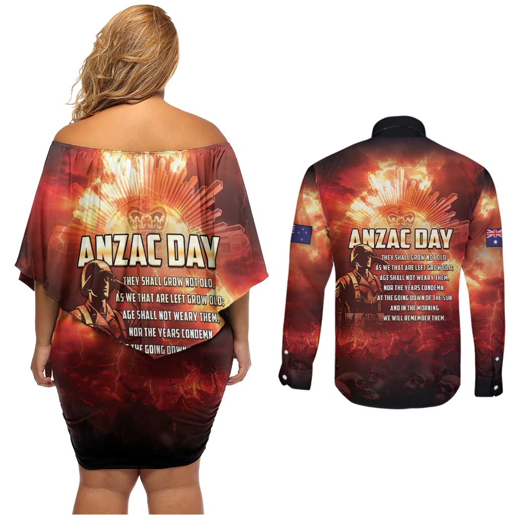 Honouring The ANZAC Spirit Couples Matching Off Shoulder Short Dress and Long Sleeve Button Shirt Gallipoli Lest We Forget LT05 - Polynesian Pride