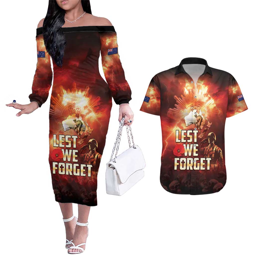 Honouring The ANZAC Spirit Couples Matching Off The Shoulder Long Sleeve Dress and Hawaiian Shirt Gallipoli Lest We Forget LT05 Red - Polynesian Pride