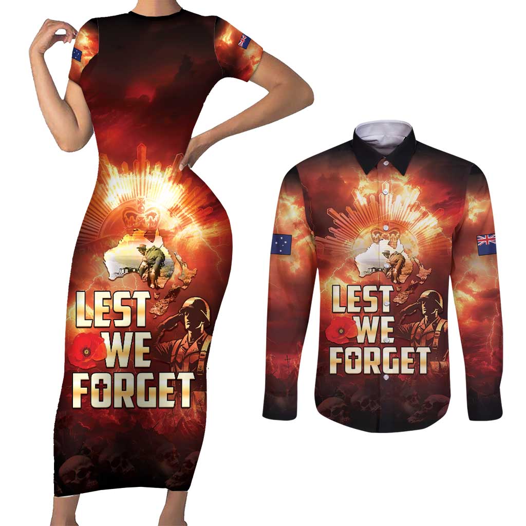 Honouring The ANZAC Spirit Couples Matching Short Sleeve Bodycon Dress and Long Sleeve Button Shirt Gallipoli Lest We Forget LT05 Red - Polynesian Pride