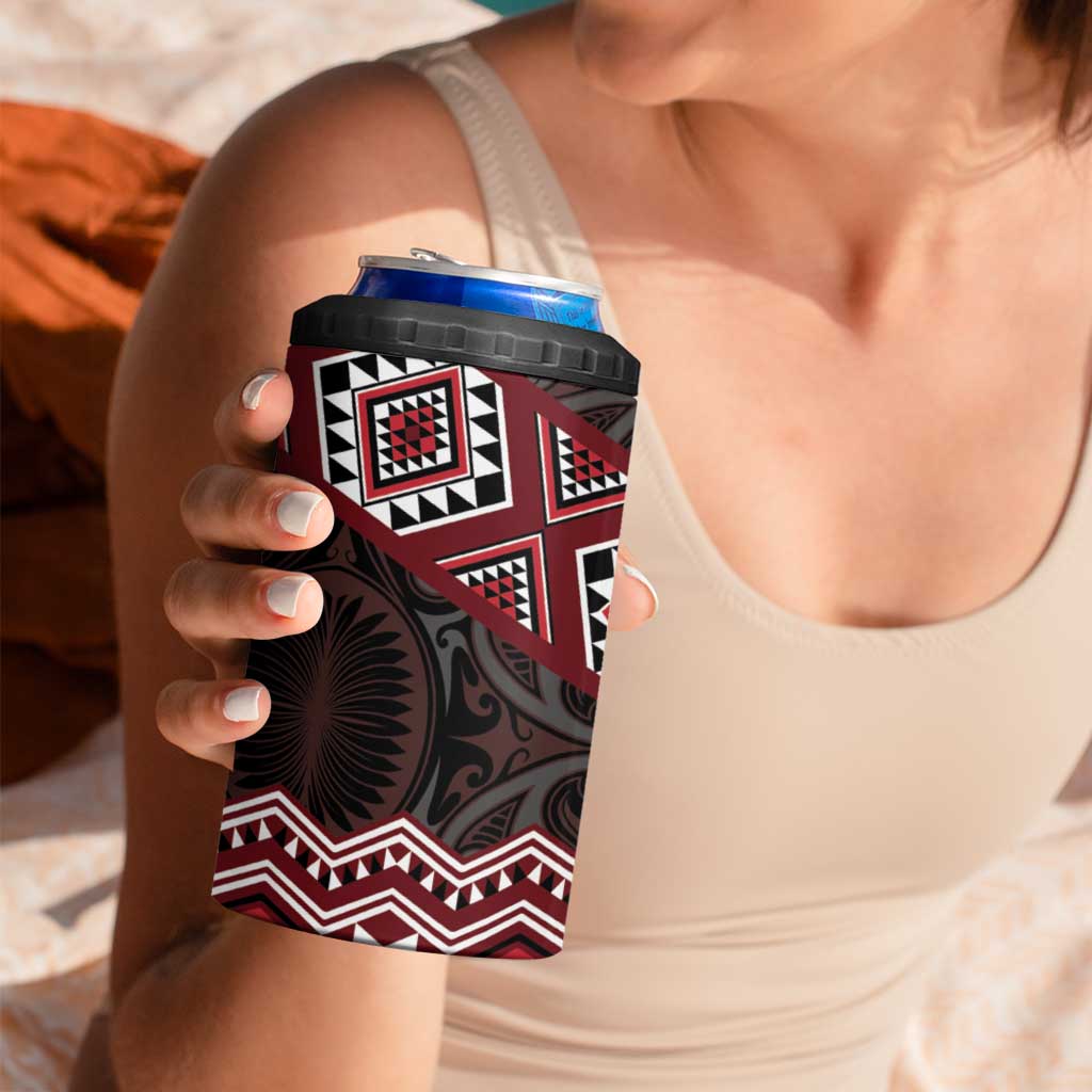 New Zealand Aotearoa 4 in 1 Can Cooler Tumbler Red Taniko Art Maori Pattern