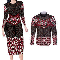New Zealand Aotearoa Couples Matching Long Sleeve Bodycon Dress and Long Sleeve Button Shirt Red Taniko Art Maori Pattern LT05 Red - Polynesian Pride