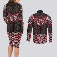New Zealand Aotearoa Couples Matching Long Sleeve Bodycon Dress and Long Sleeve Button Shirt Red Taniko Art Maori Pattern LT05 - Polynesian Pride