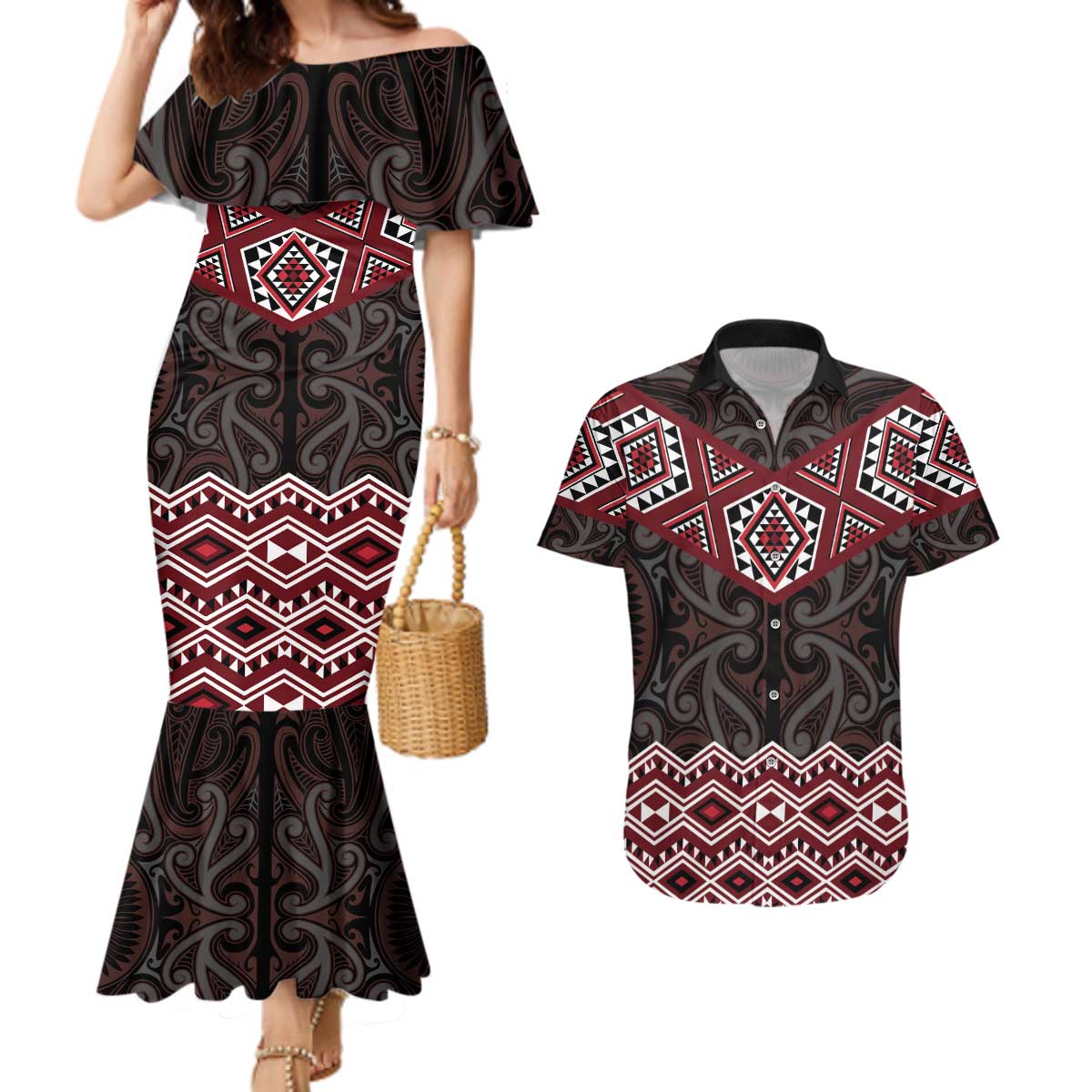 New Zealand Aotearoa Couples Matching Mermaid Dress and Hawaiian Shirt Red Taniko Art Maori Pattern LT05 Red - Polynesian Pride