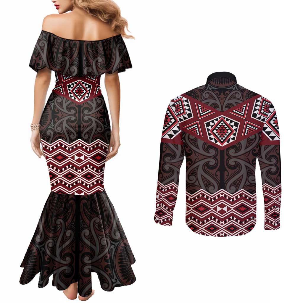 New Zealand Aotearoa Couples Matching Mermaid Dress and Long Sleeve Button Shirt Red Taniko Art Maori Pattern LT05 - Polynesian Pride